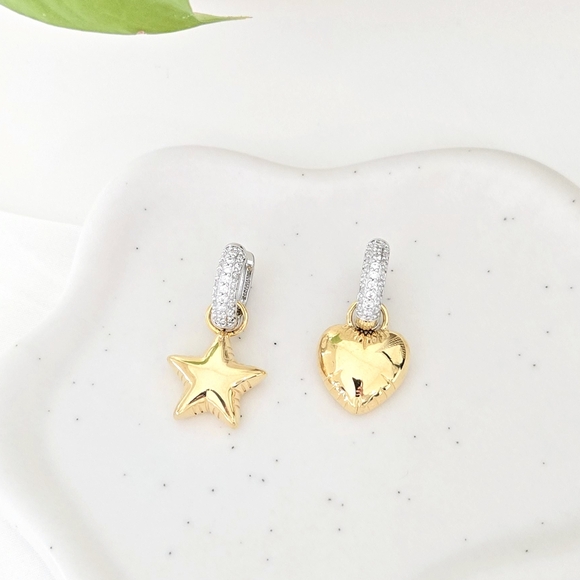 NEW 2-in-1 Two-Tone Balloon Heart & Star CZ Diamond Huggie Hoop Earrings - Picture 2 of 7